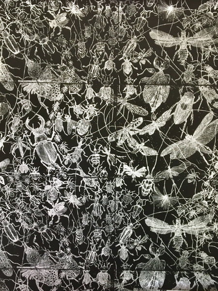 Detail of Claire Burbridge's design, 'Insect' wallpaper from her Intaglio collection, screen printed  in silver and black.